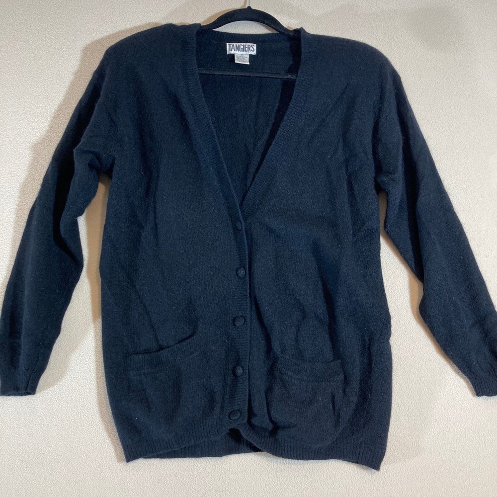 Vintage 80s Tangiers Wool Blend Button Up Cardigan Womens M Black‎ Cozy Comfort